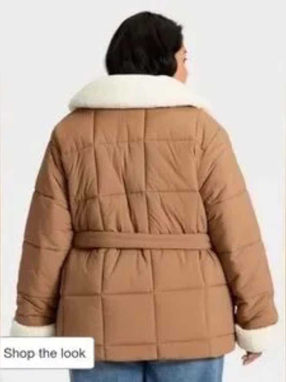Women's Belted Faux Shearling Puffer Jacket - Ava & Viv Tan 2X - Picture 2 of 3